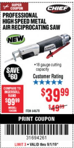 Harbor Freight Coupon PROFESSIONAL HIGH SPEED METAL AIR RECIPROCATING SAW Lot No. 64678 Expired: 9/1/19 - $39.99