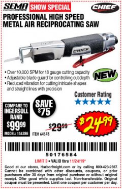 Harbor Freight Coupon PROFESSIONAL HIGH SPEED METAL AIR RECIPROCATING SAW Lot No. 64678 Expired: 11/24/19 - $24.99