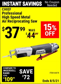 Harbor Freight Coupon PROFESSIONAL HIGH SPEED METAL AIR RECIPROCATING SAW Lot No. 64678 Expired: 8/5/21 - $37.99