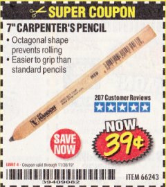 Harbor Freight Coupon 7" CARPENTERS PENCIL Lot No. 66243 Expired: 11/30/19 - $0.39