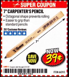 Harbor Freight Coupon 7" CARPENTERS PENCIL Lot No. 66243 Expired: 3/31/20 - $0.39