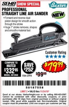 Harbor Freight Coupon PROFESSIONAL STRAIGHT LINE AIR SANDER Lot No. 63994 Expired: 11/24/19 - $79.99