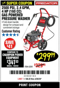 Harbor Freight Coupon 2500 PSI, 1.4 GPM 4 HP (160CC) GAS PRESSURE WASHER Lot No. 100382 Expired: 6/30/20 - $299.99