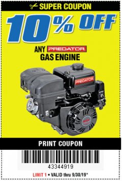 Harbor Freight Coupon ANY PREDATOR GAS ENGINE Lot No. 69733, 69731, 69730, 60363, 69730, 60363, 69730, 60363, 69730, 60363, 60340, 60349, 69736, 62879, 61614 Expired: 9/30/19 - $0