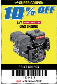 Harbor Freight Coupon ANY PREDATOR GAS ENGINE Lot No. 69733, 69731, 69730, 60363, 69730, 60363, 69730, 60363, 69730, 60363, 60340, 60349, 69736, 62879, 61614 Expired: 9/30/19 - $0