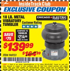 Harbor Freight ITC Coupon 18 LB. VIBRATORY BOWL WITH LIQUID DRAIN HOSE Lot No. 96923 Expired: 11/30/18 - $139.99