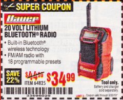 Harbor Freight Coupon BAUER 20 VOLT LITHIUM BLUETOOTH RADIO Lot No. 64825 Expired: 9/30/19 - $34.99