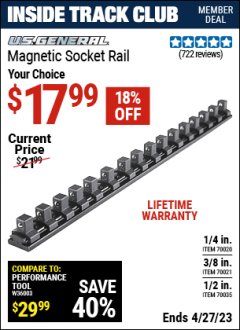 Harbor Freight ITC Coupon U.S. GENERAL MAGNETIC SOCKET RAIL Lot No. 70020/70021/70035 Expired: 4/27/23 - $17.99