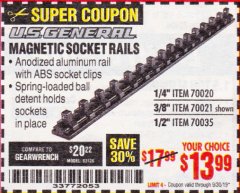 Harbor Freight Coupon U.S. GENERAL MAGNETIC SOCKET RAILS Lot No. 70020/70021/70035 Expired: 9/30/19 - $13.99