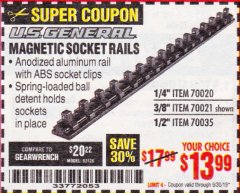 Harbor Freight Coupon U.S. GENERAL MAGNETIC SOCKET RAIL Lot No. 70020/70021/70035 Expired: 9/30/19 - $13.99