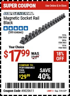 Harbor Freight Coupon U.S. GENERAL MAGNETIC SOCKET RAIL Lot No. 70020/70021/70035 Expired: 7/31/22 - $17.99