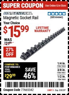 Harbor Freight Coupon U.S. GENERAL MAGNETIC SOCKET RAILS Lot No. 70020/70021/70035 Expired: 3/9/23 - $15.99