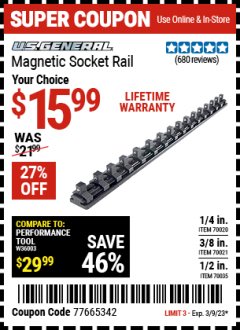 Harbor Freight Coupon U.S. GENERAL MAGNETIC SOCKET RAIL Lot No. 70020/70021/70035 Expired: 3/9/23 - $15.99