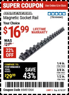 Harbor Freight Coupon U.S. GENERAL MAGNETIC SOCKET RAIL Lot No. 70020/70021/70035 Expired: 6/18/23 - $16.99
