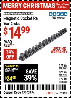 Harbor Freight Coupon U.S. GENERAL MAGNETIC SOCKET RAIL Lot No. 70020/70021/70035 Expired: 12/10/23 - $14.99