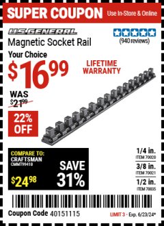 Harbor Freight Coupon U.S. GENERAL MAGNETIC SOCKET RAIL Lot No. 70020/70021/70035 Expired: 6/23/24 - $16.99
