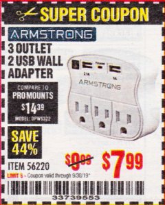 Harbor Freight Coupon 3 OUTLET 2 USB WALL ADAPTER Lot No. 56220 Expired: 9/30/19 - $7.99