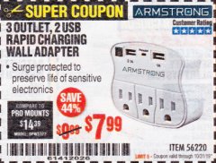 Harbor Freight Coupon 3 OUTLET 2 USB WALL ADAPTER Lot No. 56220 Expired: 10/31/19 - $7.99