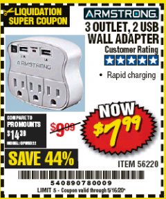 Harbor Freight Coupon 3 OUTLET 2 USB WALL ADAPTER Lot No. 56220 Expired: 6/30/20 - $7.99