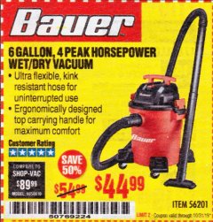 Harbor Freight Coupon BAUER 6 GALLON WET DRY VACUUM Lot No. 56201 Expired: 10/31/19 - $44.99