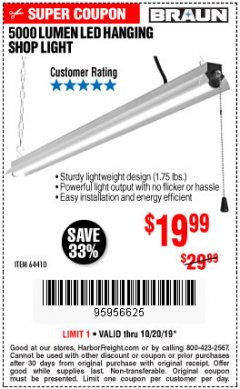 Harbor Freight Coupon 5000 LUMEN LED HANGING SHOP LIGHT Lot No. 64410 Expired: 10/20/19 - $19.99