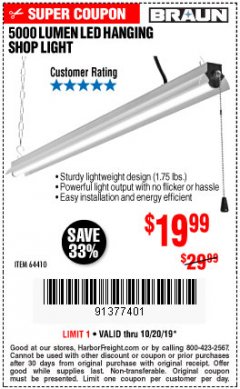 Harbor Freight Coupon 5000 LUMEN LED HANGING SHOP LIGHT Lot No. 64410 Expired: 10/20/19 - $19.99