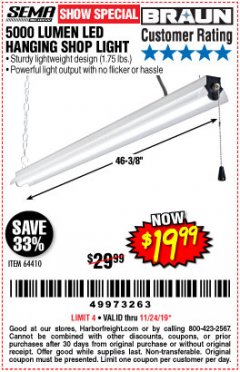 Harbor Freight Coupon 5000 LUMEN LED HANGING SHOP LIGHT Lot No. 64410 Expired: 11/24/19 - $19.99