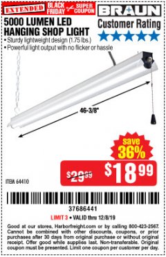 Harbor Freight Coupon 5000 LUMEN LED HANGING SHOP LIGHT Lot No. 64410 Expired: 12/8/19 - $18.99