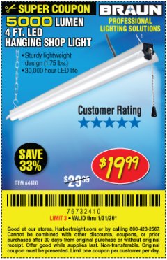 Harbor Freight Coupon 5000 LUMEN LED HANGING SHOP LIGHT Lot No. 64410 Expired: 1/31/20 - $19.99