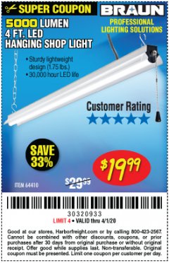 Harbor Freight Coupon 5000 LUMEN LED HANGING SHOP LIGHT Lot No. 64410 Expired: 4/1/20 - $19.99