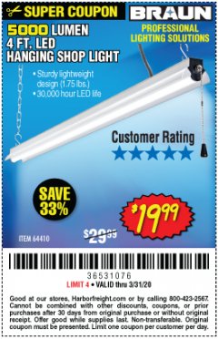 Harbor Freight Coupon 5000 LUMEN LED HANGING SHOP LIGHT Lot No. 64410 Expired: 3/31/20 - $19.99