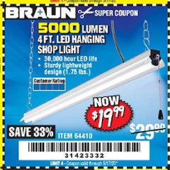 Harbor Freight Coupon 5000 LUMEN LED HANGING SHOP LIGHT Lot No. 64410 Expired: 6/30/20 - $19.99