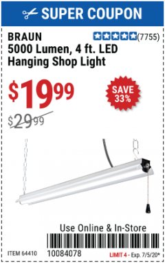 Harbor Freight Coupon 5000 LUMEN LED HANGING SHOP LIGHT Lot No. 64410 Expired: 7/5/20 - $19.99