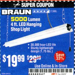 Harbor Freight Coupon 5000 LUMEN LED HANGING SHOP LIGHT Lot No. 64410 Expired: 8/8/20 - $19.99