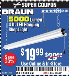 Harbor Freight Coupon 5000 LUMEN LED HANGING SHOP LIGHT Lot No. 64410 Expired: 8/30/20 - $19.99