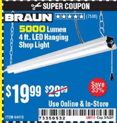 Harbor Freight Coupon 5000 LUMEN LED HANGING SHOP LIGHT Lot No. 64410 Expired: 9/6/20 - $19.99