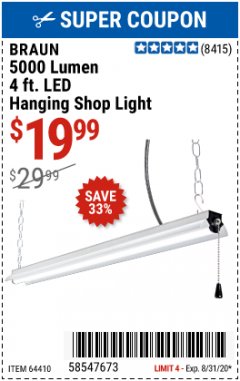 Harbor Freight Coupon 5000 LUMEN LED HANGING SHOP LIGHT Lot No. 64410 Expired: 8/31/20 - $19.99