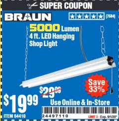 Harbor Freight Coupon 5000 LUMEN LED HANGING SHOP LIGHT Lot No. 64410 Expired: 9/1/20 - $19.99