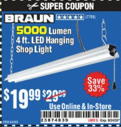 Harbor Freight Coupon 5000 LUMEN LED HANGING SHOP LIGHT Lot No. 64410 Expired: 9/24/20 - $19.99