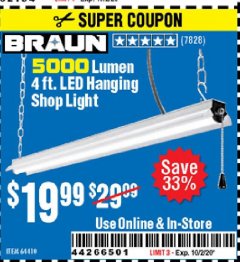 Harbor Freight Coupon 5000 LUMEN LED HANGING SHOP LIGHT Lot No. 64410 Expired: 10/2/20 - $19.99