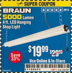 Harbor Freight Coupon 5000 LUMEN LED HANGING SHOP LIGHT Lot No. 64410 Expired: 9/21/20 - $19.99