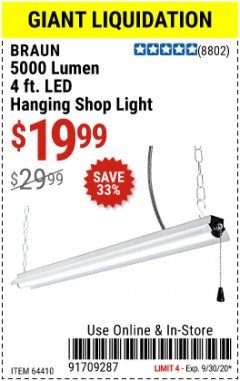 Harbor Freight Coupon 5000 LUMEN LED HANGING SHOP LIGHT Lot No. 64410 Expired: 9/30/20 - $19.99