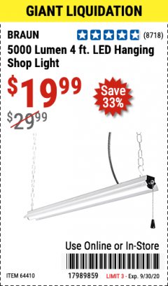 Harbor Freight Coupon 5000 LUMEN LED HANGING SHOP LIGHT Lot No. 64410 Expired: 9/30/20 - $19.99