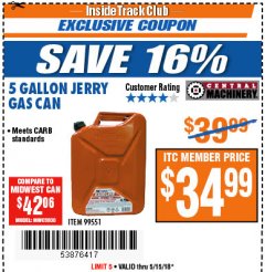 Harbor Freight ITC Coupon MIDWEST CAN 5 GALLON JERRY GAS CAN Lot No. 56418/99551 Expired: 5/15/18 - $34.99