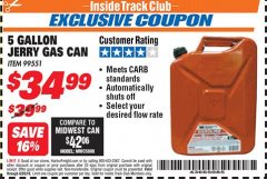 Harbor Freight ITC Coupon MIDWEST CAN 5 GALLON JERRY GAS CAN Lot No. 56418/99551 Expired: 6/30/18 - $34.99