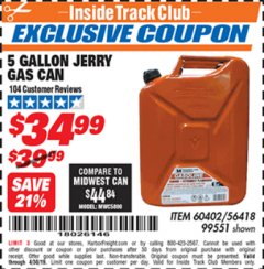 Harbor Freight ITC Coupon MIDWEST CAN 5 GALLON JERRY GAS CAN Lot No. 56418/99551 Expired: 4/30/19 - $34.99