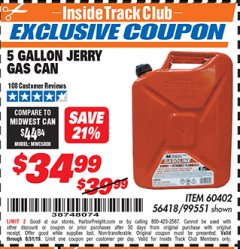 Harbor Freight ITC Coupon MIDWEST CAN 5 GALLON JERRY GAS CAN Lot No. 56418/99551 Expired: 8/31/19 - $34.99