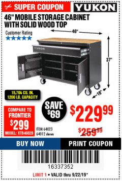 Harbor Freight Coupon 46 IN. MOBILE STORAGE CABINET WITH WOOD TOP Lot No. 64012 Expired: 9/22/19 - $229.99