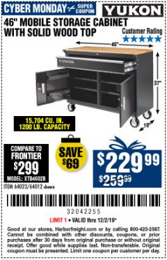 Harbor Freight Coupon 46 IN. MOBILE STORAGE CABINET WITH WOOD TOP Lot No. 64012 Expired: 12/1/19 - $229.99