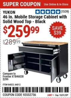 Harbor Freight Coupon 46 IN. MOBILE STORAGE CABINET WITH WOOD TOP Lot No. 64012 Expired: 10/31/20 - $259.99